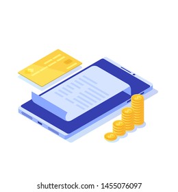 Digital bill, electronic receipt or invoice vector illustration isometric. Online shopping.