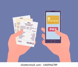 Digital bill for mobile payment. Consumer holding in hands smartphone and check to pay for online goods, products, support, service, content. Quick easy process. Vector flat style cartoon illustration