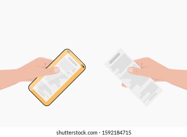 Digital bill for mobile payment. Consumer holding in hands smartphone and check to pay for online goods. Vector illustration