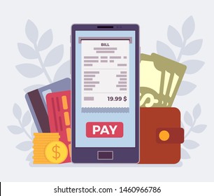 Digital bill mobile payment. Web platform to make purchases, transaction performed via a smartphone device, new bank and customer relationships, secure service. Vector flat style cartoon illustration