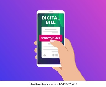 Digital bill on mobile internet banking vector concept. Electronic receipt or invoice on smartphone screen in hand.  Online money transaction with phone. For website template,  webpage layout icon.