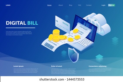 Digital bill and online bank, laptop with check tape. Online bill payment. Laptop, paper receipt check, stack of coins. Digital bill for mobile internet banking concept. Online check payment.