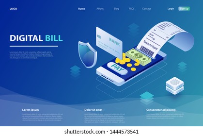 Digital bill and online bank, smartphone with check tape. Online bill payment. Smartphone, paper receipt check, stack of coins. Digital bill for mobile internet banking concept. Online check payment.