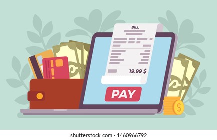 Digital bill online payment. Purchases, financial regulation via laptop screen, technology to replace a wallet, sending money from computer, electronic service. Vector flat style cartoon illustration