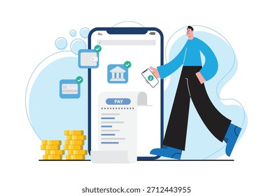 Ilustración digital de pago de facturas con un hombre usando un teléfono inteligente para pagar Facturas a través de la banca móvil con íconos financieros y verificación segura.