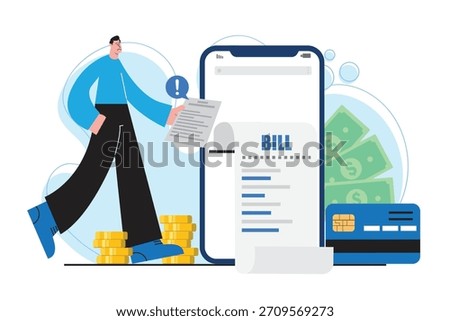 Digital bill payment illustration showing a person reviewing invoices through a mobile app, surrounded by coins, bills, and a credit card, representing online finance and modern financial management.
