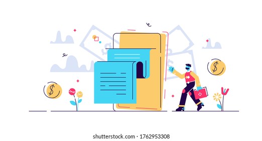 Digital bill vector illustration. Flat phone wallet and tiny person concept. Modern electronic financial payment method. Abstract bank transaction service. Secure online shopping mobile device technology