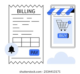 Recibo de cobrança digital ao lado de um smartphone mostrando um ícone de carrinho de compras online com um botão de compra e um sino de notificação. Ideal para pagamentos de e-commerce, marketing digital, compras on-line