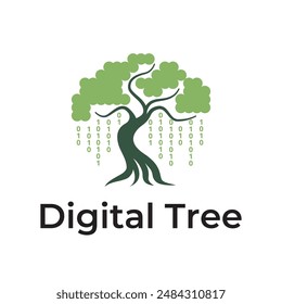 Código binario digital Banyan Oak Tree Naturaleza Logo Plantilla