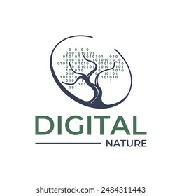 Digital Binary Code Branched Dry Tree Nature Circle Logo Template