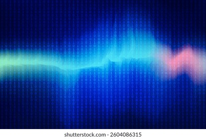 Digital binary code data stream flows in an abstract colorful background, representing technology, coding or big data.