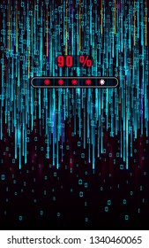 Digital binary code. Matrix background. Falling blue digits on screen with data loading bar. Abstract technology concept with for cryptography, encryption and encoding algorithm. Vector illustration