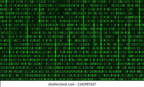 Digital binary data and streaming binary code background. Matrix background with green digits 1.0. Format 16:9 