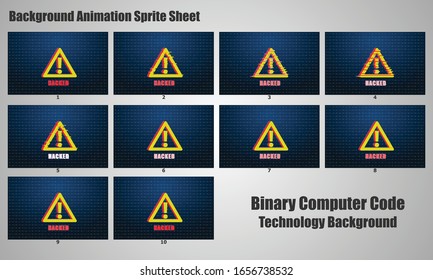 Digital binary data and streaming binary code Animated background sprite sheet. With Hacked glitched alert sign Icon. Hacker, secure data concept, matrix background vector Illustration.