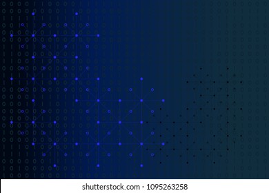 Digital binary data, white dots and lines network on blue gradient background. Vector illustration, EPS10. Use as backdrop, montage, visual content for modern, science, technology, cyberspace concepts
