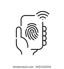 Identificación biométrica digital. Mano sosteniendo el smartphone con huella digital y símbolo wi-fi. Icono perfecto de píxeles