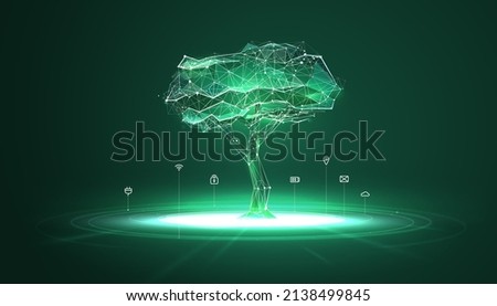 Digital biotechnology tree in futuristic polygonal style. Holographic plant concept for biotechnology or bioengineering. Vector illustration with light effects