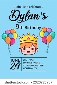 Digital Birthday Party Invitations with a prince boy Editable Template