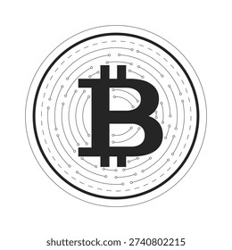 Digital bitcoin coin 2D line object. Modern finance with circuit lines round. Blockchain currency. BTC money. Internet crypto isolated clipart vector ink outline item. Monochrome spot illustration