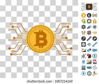 Digital Bitcoin Coin Circuit icon with bonus bitcoin mining and blockchain clip art. Vector illustration style is flat iconic symbols. Designed for blockchain websites.
