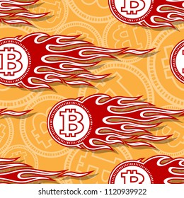 Digital bitcoin crypto currency printable seamless pattern with hotrod flames. Vector illustration. Ideal for wallpaper packaging fabric textile wrapping paper design.