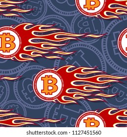 Digital bitcoin crypto currency printable seamless pattern with hotrod flames. Vector illustration. Ideal for wallpaper packaging fabric textile wrapping paper design.