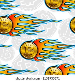 Digital bitcoin crypto currency printable seamless pattern with hotrod flames. Vector illustration. Ideal for wallpaper packaging fabric textile wrapping paper design.