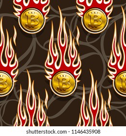 Digital bitcoin crypto currency printable seamless pattern with hotrod flames. Vector illustration. Ideal for wallpaper packaging fabric textile wrapping paper design.