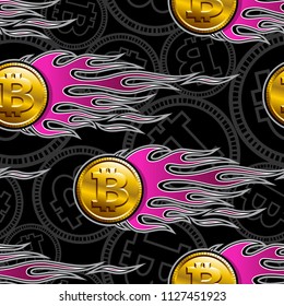 Digital bitcoin crypto currency seamless pattern with hotrod flame. Printable vector illustration. Ideal for wallpaper packaging fabric textile wrapping paper design.