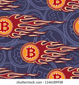 Digital bitcoin crypto currency seamless pattern with hotrod flame. Printable vector illustration. Ideal for wallpaper packaging fabric textile wrapping paper design.