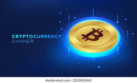 Digital bitcoin cryptocurrency on dak blue digital technology background