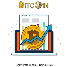 Digital bitcoin cryptocurrency. Virtual money. Cryptocurrency concept. Golden coin with bitcoin sign. Growing chart with golden bitcoin. Vector background. EPS10