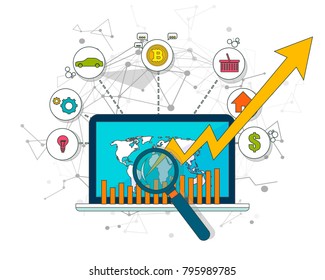 Digital bitcoin cryptocurrency. Virtual money. Cryptocurrency concept. Golden coin with bitcoin sign. Growing chart with golden bitcoin. Vector background. EPS10