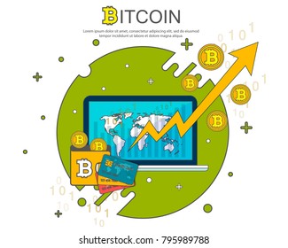 Digital bitcoin cryptocurrency. Virtual money. Cryptocurrency concept. Golden coin with bitcoin sign. Growing chart with golden bitcoin. Vector background. EPS10