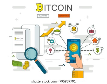 Digital bitcoin cryptocurrency. Virtual money. Cryptocurrency concept. Golden coin with bitcoin sign. Growing chart with golden bitcoin. Vector background. EPS10