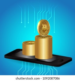 Digital Bitcoin Golden coin with Bitcoin symbol in electronic environment coins Cryptocurrency. Mobile banking.