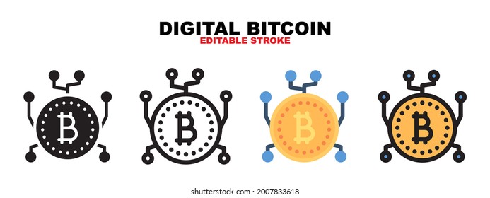 Digital bitcoin icon with cryptocurrency collection. Icons are designed in full color, outline, flat, glyphs and lines. Perfectly editable strokes and pixels. Can use for web, mobile, ui and more.