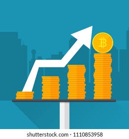 Digital bitcoin on stack growing arrow up on city scape background.