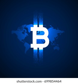 digital bitcoin symbol above world map vector background