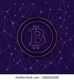 Digital bitcoin symbol with light effect and glow. vector illustration of bitcoin with blockchain.