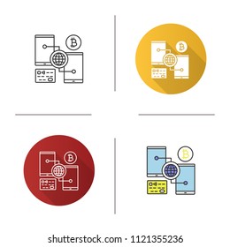Digital bitcoin wallet icon. Online cryptocurrency transactions. Cashless payment. Flat design, linear and color styles. Isolated vector illustrations