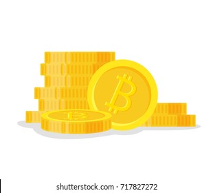 Digital bitcoins flat style isolated on white background. Icon finance heap, gold coin pile. Golden money standing on stacked - vector illustration