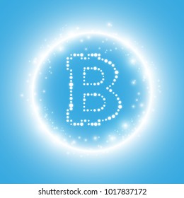 Digital bitcoins symbol with light effect on blue backgraund. Vector