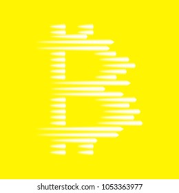 Digital bitcoins symbol with light effect and speed glow lines on yellow backgraund.