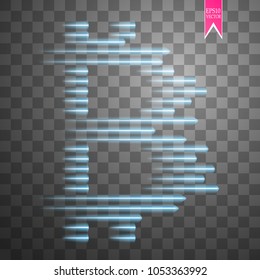 Digital bitcoins symbol with light effect and speed glow lines on transparent backgraund.
