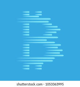 Digital bitcoins symbol with light effect and speed glow lines on yellow backgraund.