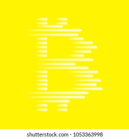 Digital bitcoins symbol with light effect and speed glow lines on yellow backgraund.