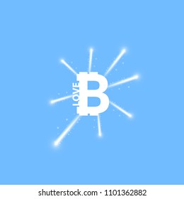 Digital bitcoins symbol with light effect and firework on blue backgraund.