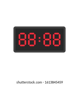 Digital black alarm clock displaying 88:88. Clipart image isolated on white background