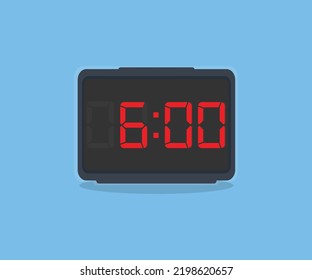 Reloj de alarma negro digital con el logo de las 6:00 en punto. Reloj digital con números rojos - Tiempo para despertar, asistir a la reunión o cita, diseño e ilustración del vector de reloj de alarma de rebote.